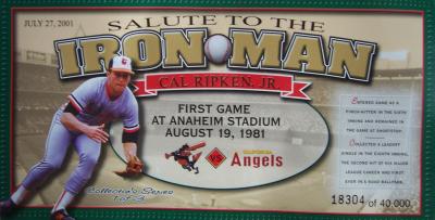 Cal Ripken Baltimore Orioles 2001 Angels Salute to the Iron Man 4x8 card