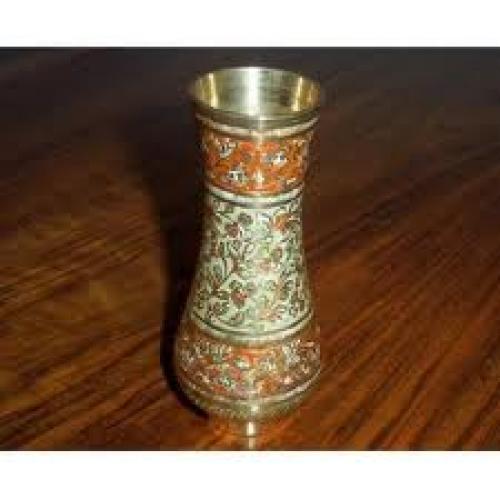 Antiques;Decorative Indian Brass Vase With Inlaid Enamel
