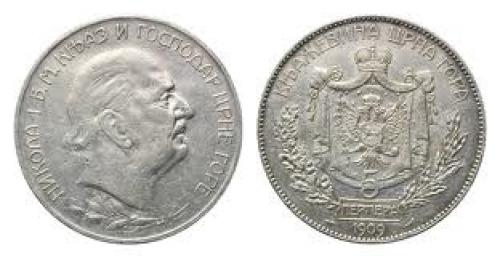 Coins;  Montenegro, Nicholas I., 1860-1918, 5 Perpera 1909
