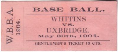 1904 Whitins vs Uxbridge Worcester Baseball Association ticket