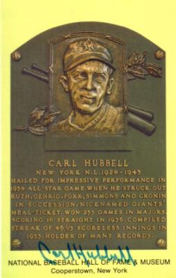Carl Hubbell autographed Baseball Hall of Fame plaque postcard