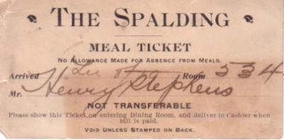 Spalding Hotel (Duluth Minnesota) 1908 meal ticket