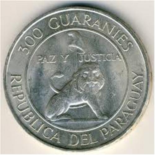 Coins; Paraguay, 300 guaranies, 1968