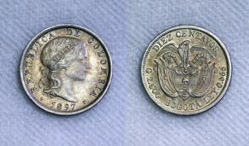 Coins; Columbia 1897 10 Centavos