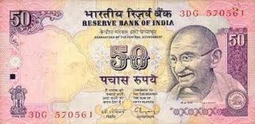 Banknotes; India 50 Rupees Banknote Obverse. The banknote is black and purple