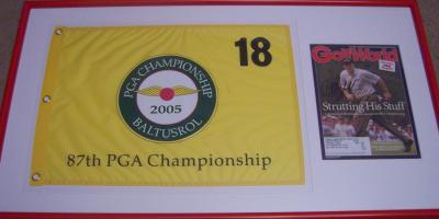 Phil Mickelson autographed 2005 PGA Championship Golf World cover framed with pin flag