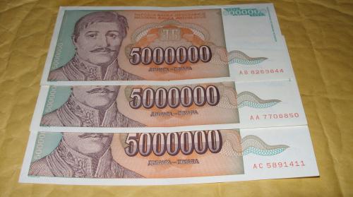 Yugoslavia 5000000 Dinara 1993 3 pcs banknote