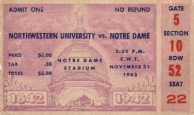 1942 Notre Dame vs Northwestern ticket stub (Frank Leahy)