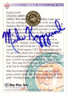Mike (Coach K) Krzyzewski certified autograph Duke 1992 Star Pics card