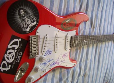 Payable On Death (P.O.D.) autographed Fender Squier Bullet red electric guitar
