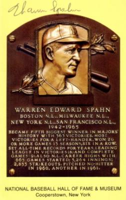 Warren Spahn autographed Baseball Hall of Fame plaque postcard