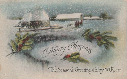 EARLY 1900'S CHRISTMAS POSTCARD HORSE AND SLED SCENE