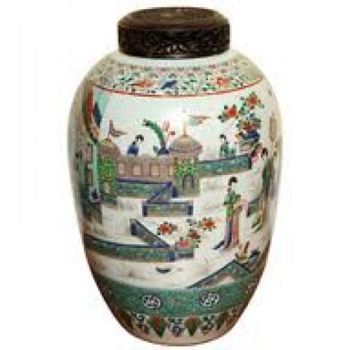 Large antique famille verte ovoid jar, 19th/20th century