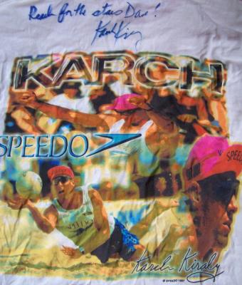 Karch Kiraly autographed volleyball Speedo T-shirt (to Dave)