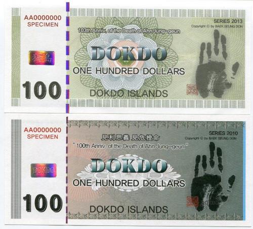 DOKDO ISLANDS  100 DOLLARS 2010-2013 SPECIMEN 100th vs. 103th UNC