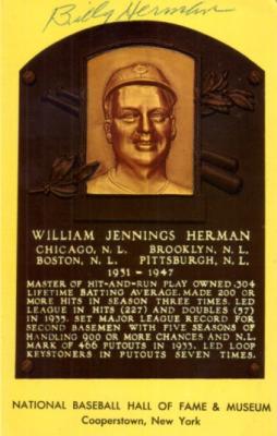 Billy Herman autographed Baseball Hall of Fame plaque postcard