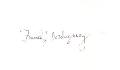 Frenchy Bordagaray autographed index card