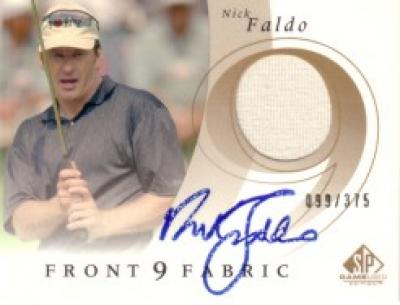 Nick Faldo certified autograph 2002 SP Front 9 Fabric golf card with worn shirt swatch