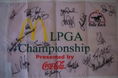 LPGA Championship flag autographed by 20 winners (Nancy Lopez Suzann Pettersen Annika Sorenstam)
