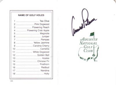 Arnold Palmer autographed Augusta National Masters scorecard