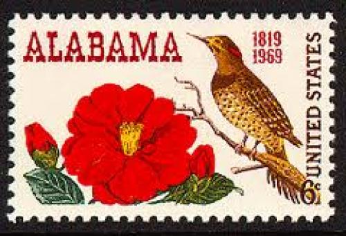 Stamps; Camellia and Yellow-shafted Flicker Bird on 1969 USA postage
