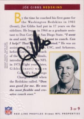 Joe Gibbs certified autograph Washington Redskins 1992 Pro Line card