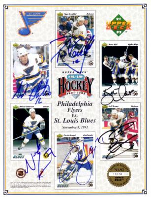 1991-92 St. Louis Blues autographed Upper Deck card sheet (Brett Hull Curtis Joseph Adam Oates)