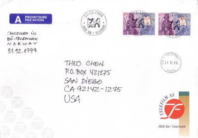 Dec. 31 1999 Norway envelope with millenium postmarks
