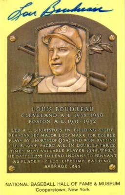 Lou Boudreau autographed Hall of Fame plaque postcard