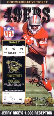 Jerry Rice autographed San Francisco 49ers 1000 Reception Commemorative Ticket
