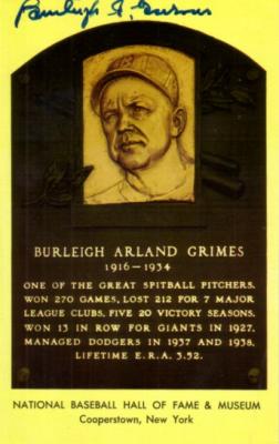 Burleigh Grimes (Brooklyn Dodgers) autographed Baseball Hall of Fame plaque postcard