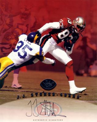 J.J. Stokes certified autograph 49ers 1997 Leaf 8x10 photo card