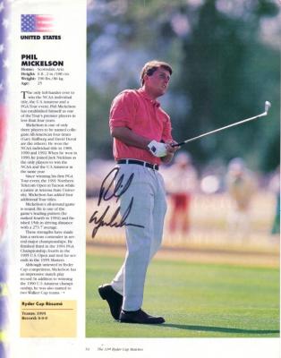 Phil Mickelson autographed 1995 Ryder Cup program full page photo