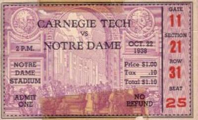 1938 Notre Dame vs Carnegie Tech ticket stub (Elmer Layden)