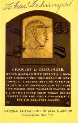 Charlie Gehringer autographed Baseball Hall of Fame plaque postcard