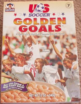 1999 U.S. Women's Soccer World Cup Champions Golden Goals cereal box (Mia Hamm Kristine Lilly)