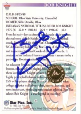 Bob Knight certified autograph Indiana Hoosiers 1992 Star Pics card