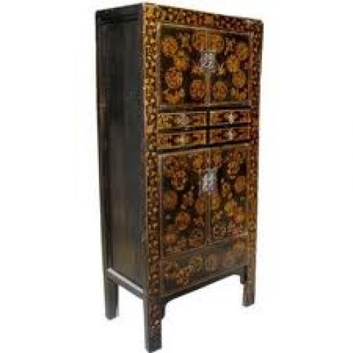 Antiques;  Chinese Antique Black Laquered Cabinet w/ Hand