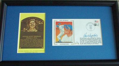 Don Drysdale autographed Baseball Hall of Fame cachet framed with HOF plaque postcard