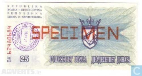 Bosnia Herzegovina 25 Dinara SPECIMEN