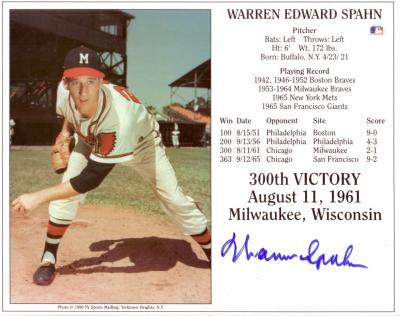 Warren Spahn autographed Milwaukee Braves 8x10 Hall of Fame photo card