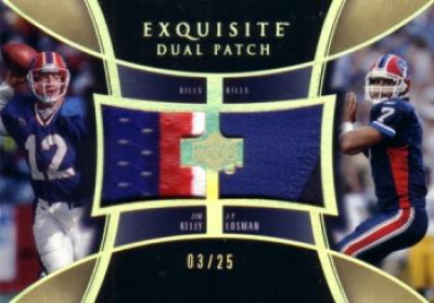 Jim Kelly & J.P. Losman 2005 Upper Deck Exquisite Dual Patch game jersey card #3/25