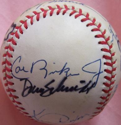 1987 Baltimore Orioles team autographed baseball Eddie Murray Cal Ripken Jr & Sr