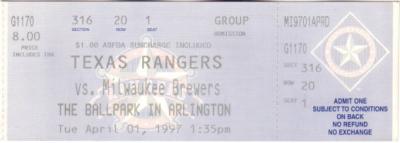 1997 Milwaukee Brewers at Texas Rangers Opening Day full unused ticket