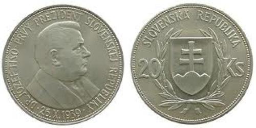 Coins; Slovakia Ag Dr.Tiso 20 Korun 1939
