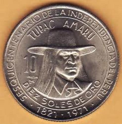 Coins; 1971 10 SOLES DE ORO COIN PERU TUPAC AMARU