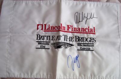 Phil Mickelson & Sergio Garcia autographed 2003 Battle at the Bridges flag