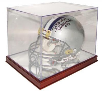 Full size football helmet display case with wood base