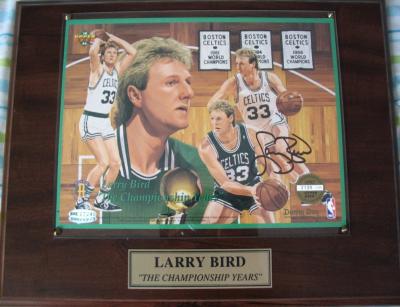 Larry Bird autographed Boston Celtics commemorative UDA sheet in plaque
