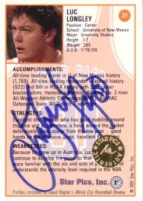 Luc Longley certified autograph 1991 Star Pics card